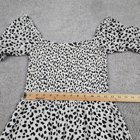 Reformation Elle Mini Dress Black White Ocelot Animal Print Smocked Puff Sleeves - Picture 5 of 14